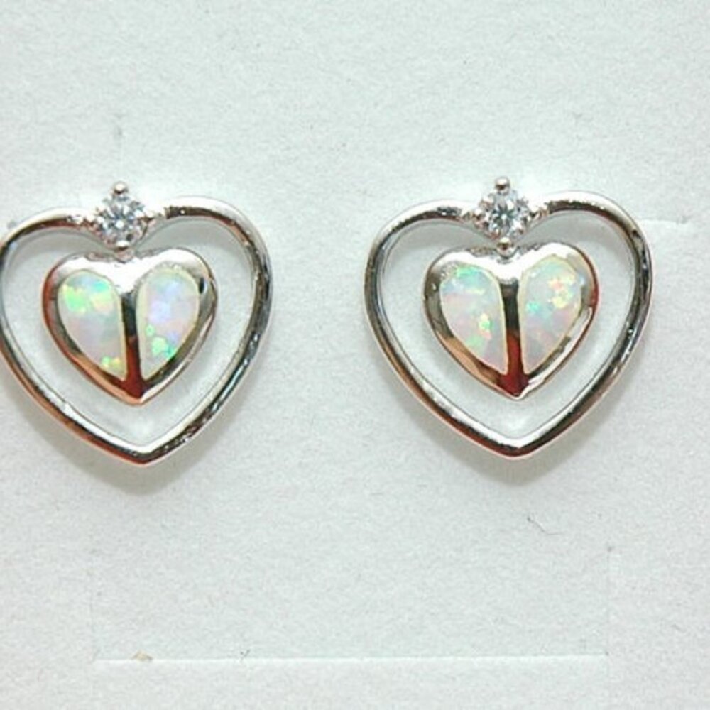 Heart Stud Earrings white lab opal 925 Silver
